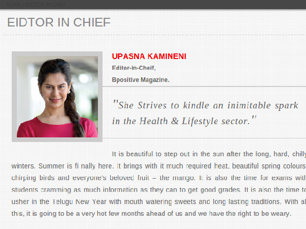 Upasna heads the B Positive Magazine